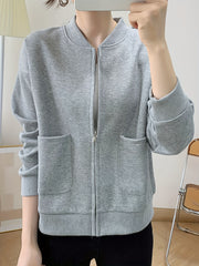 Baseball Neck Solid Jacket Casual Zipper Long Sleeve Outerwear