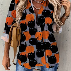 Halloween Blouse Women's Cat & Pumpkin Print Button Up