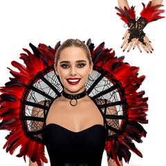 Gothic Corset & Glove Set Teal Feather Accents Ruffled Sleeves Halloween Cosplay