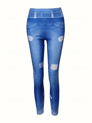 Women's Plus Ripped Ombre Denim Print High Stretch Leggings