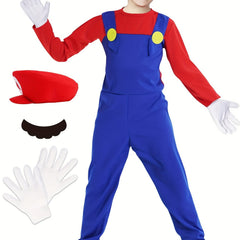 Boy s Plumber Cosplay Costume 4pcs Set Halloween Outfits