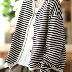 Striped Button Front Jacket V Neck Long Sleeve Outerwear
