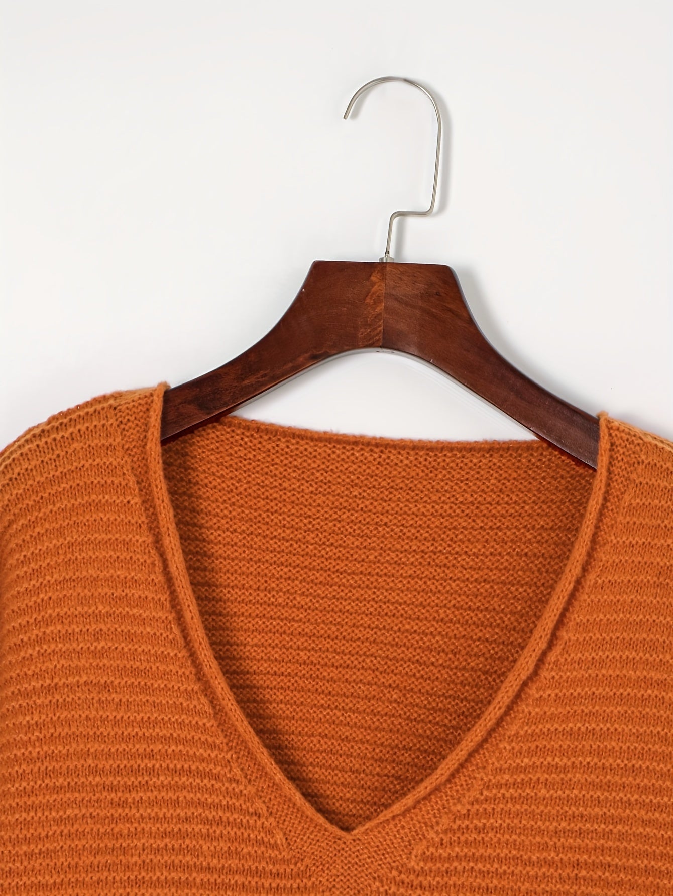 V Neck Solid Ribbed Long Sleeve Sweater