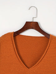 V Neck Solid Ribbed Long Sleeve Sweater