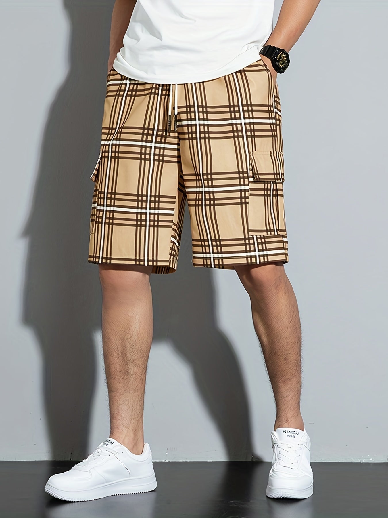 Plaid Drawstring Cargo Shorts with Pockets for Men