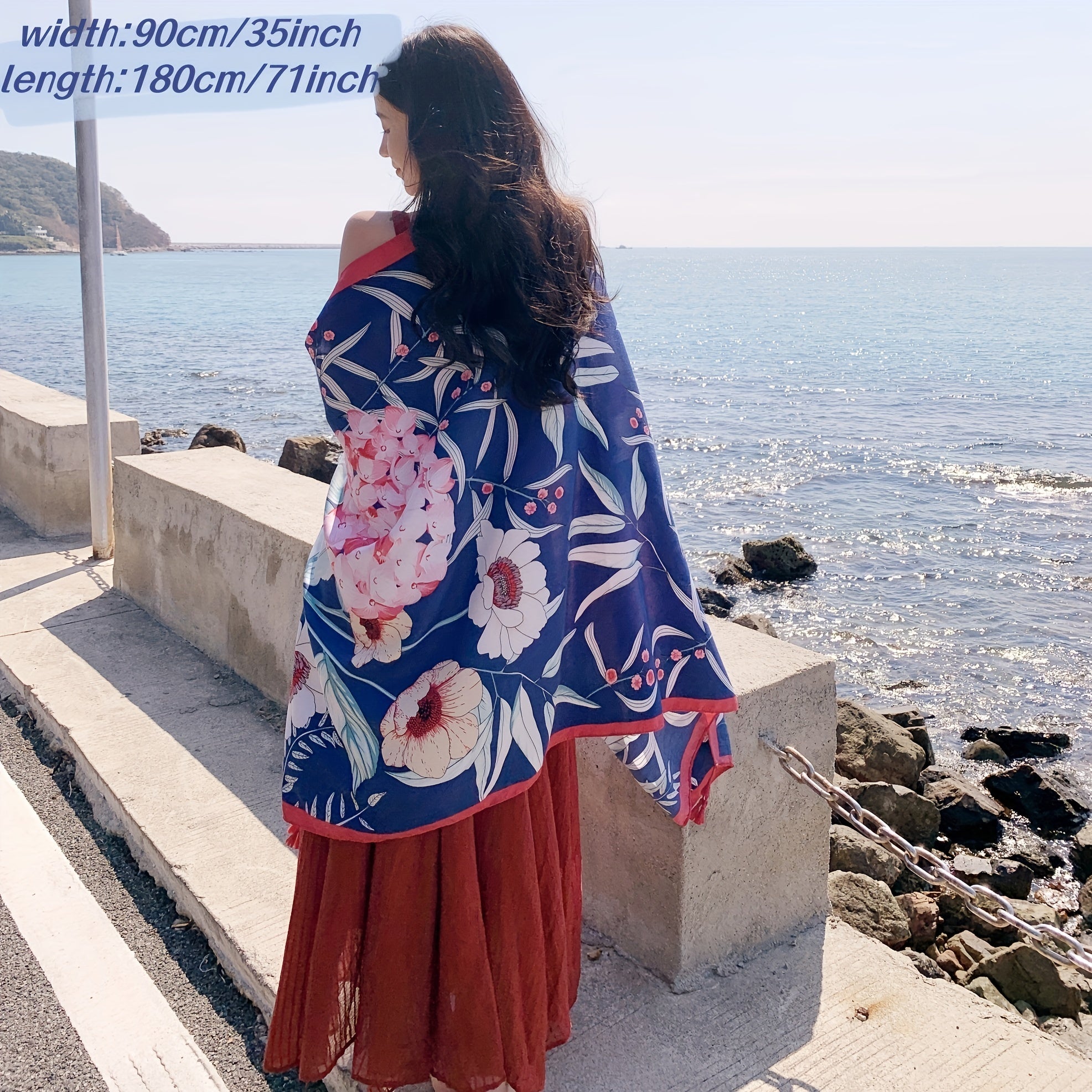 Boho Flower Print Oversized Tassel Scarf Sunscreen Head Wrap