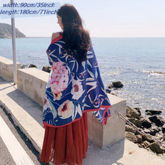 Boho Flower Print Oversized Tassel Scarf Sunscreen Head Wrap