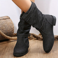 Women's Denim Chunky Heel Boots Slip On Dress Boots