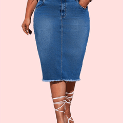 Casual Denim Skirt Women's Plus Solid Raw Trim Button Fly High Rise