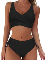 Layered V Neck Bikini Set High Waist Solid Two Piece Swimsuit