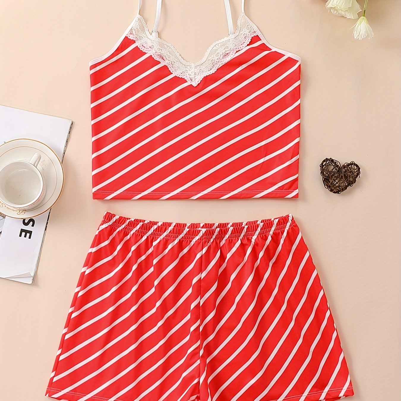 Striped Print Pajama Set V Neck Cami Top & Shorts Women's Sleepwear