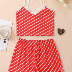 Striped Print Pajama Set V Neck Cami Top & Shorts Women's Sleepwear
