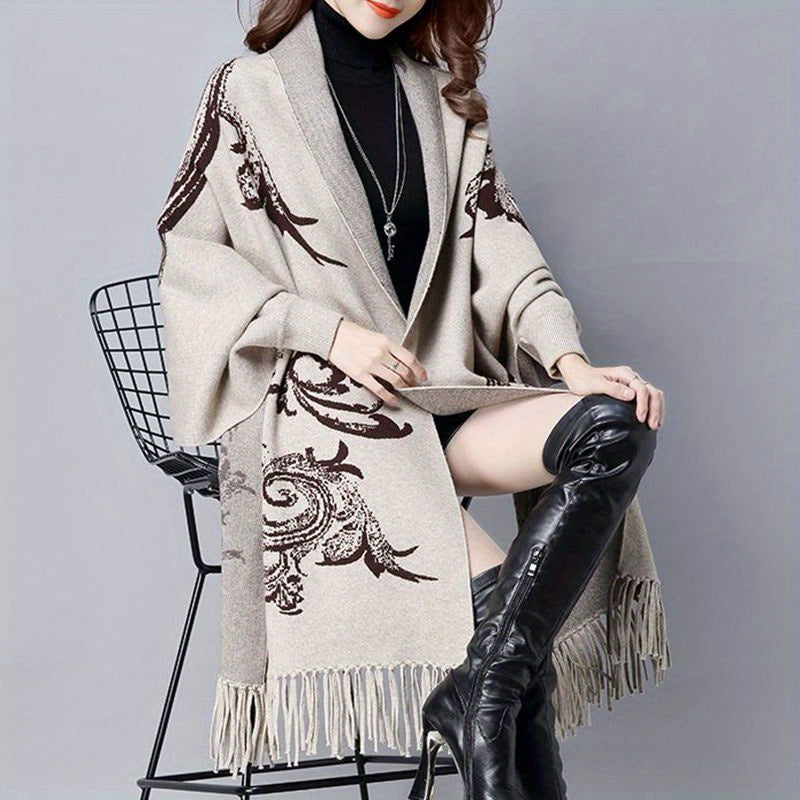 Vintage Jacquard Shawl Large Blanket Cardigan with Tassel Cape