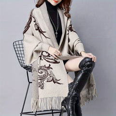 Vintage Jacquard Shawl Large Blanket Cardigan with Tassel Cape