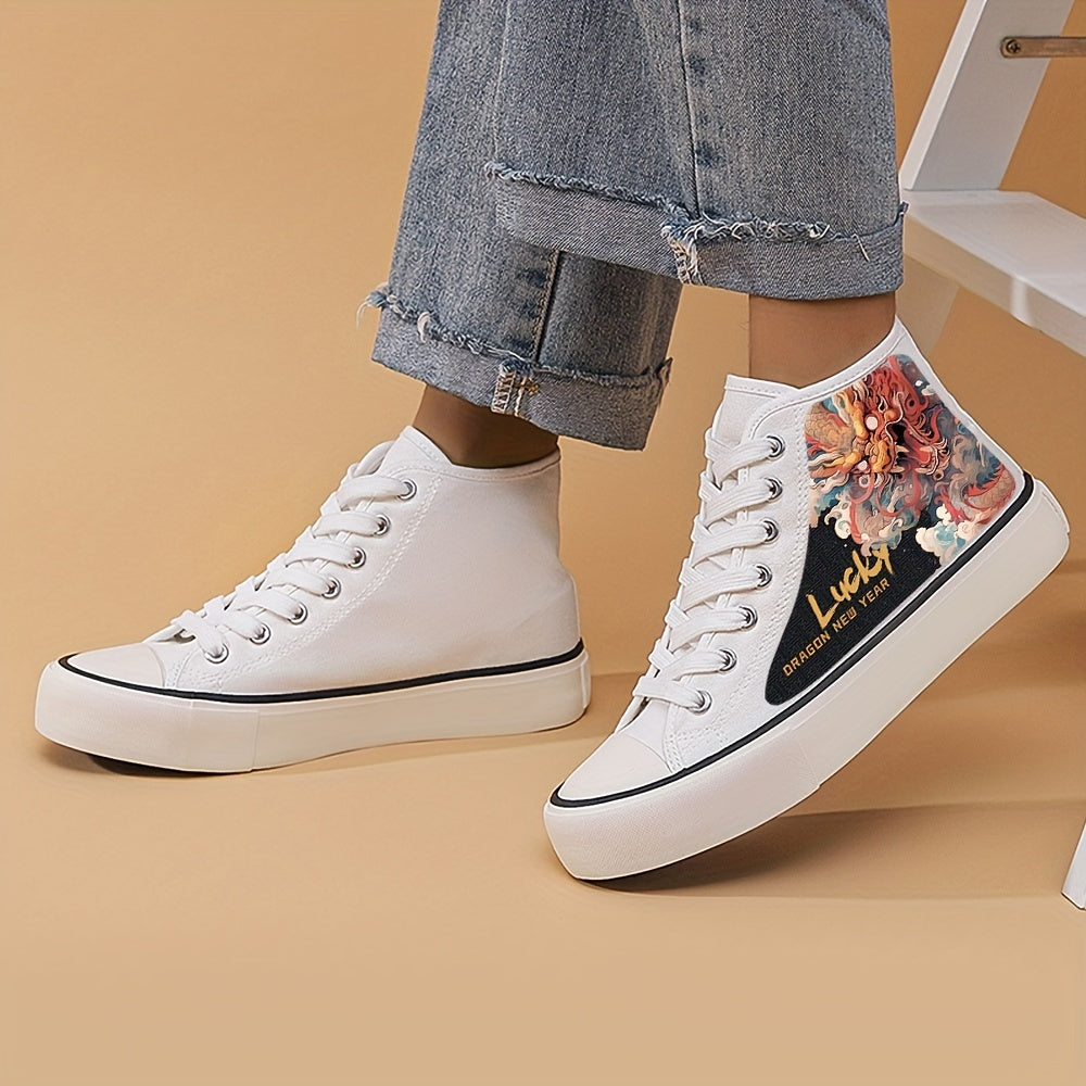 Dragon Print Chunky Canvas Sneakers High Top Skate Shoes