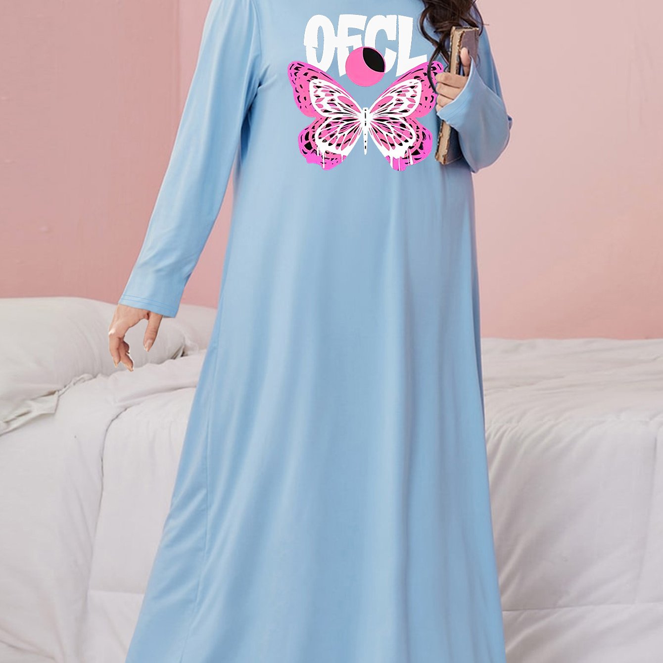 Nightdress Women's Plus Butterfly Print Long Sleeve Sleep Dress