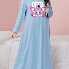 Nightdress Women's Plus Butterfly Print Long Sleeve Sleep Dress