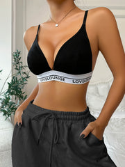 Letter Print Wireless Bra Comfy & Breathable Plunge Bra