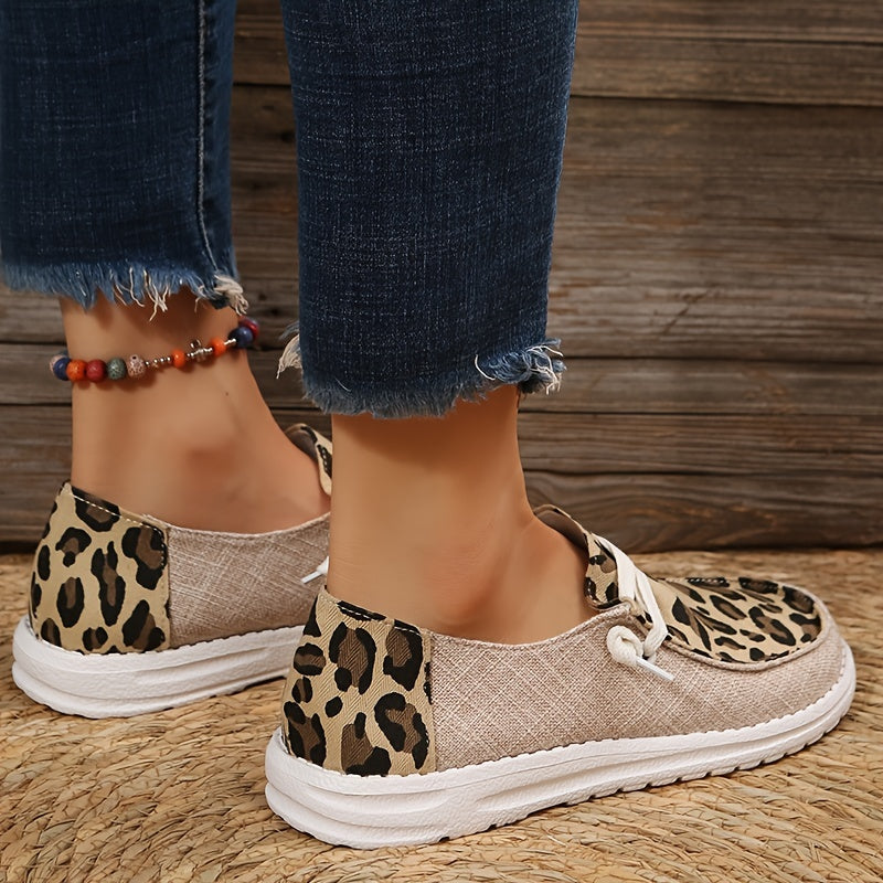 Leopard Print Loafers Lace Up Flat Canvas Shoes