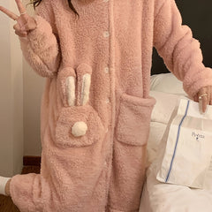 Bunny Fuzzy Night Robe Long Sleeve Ruffle Robe With Pockets