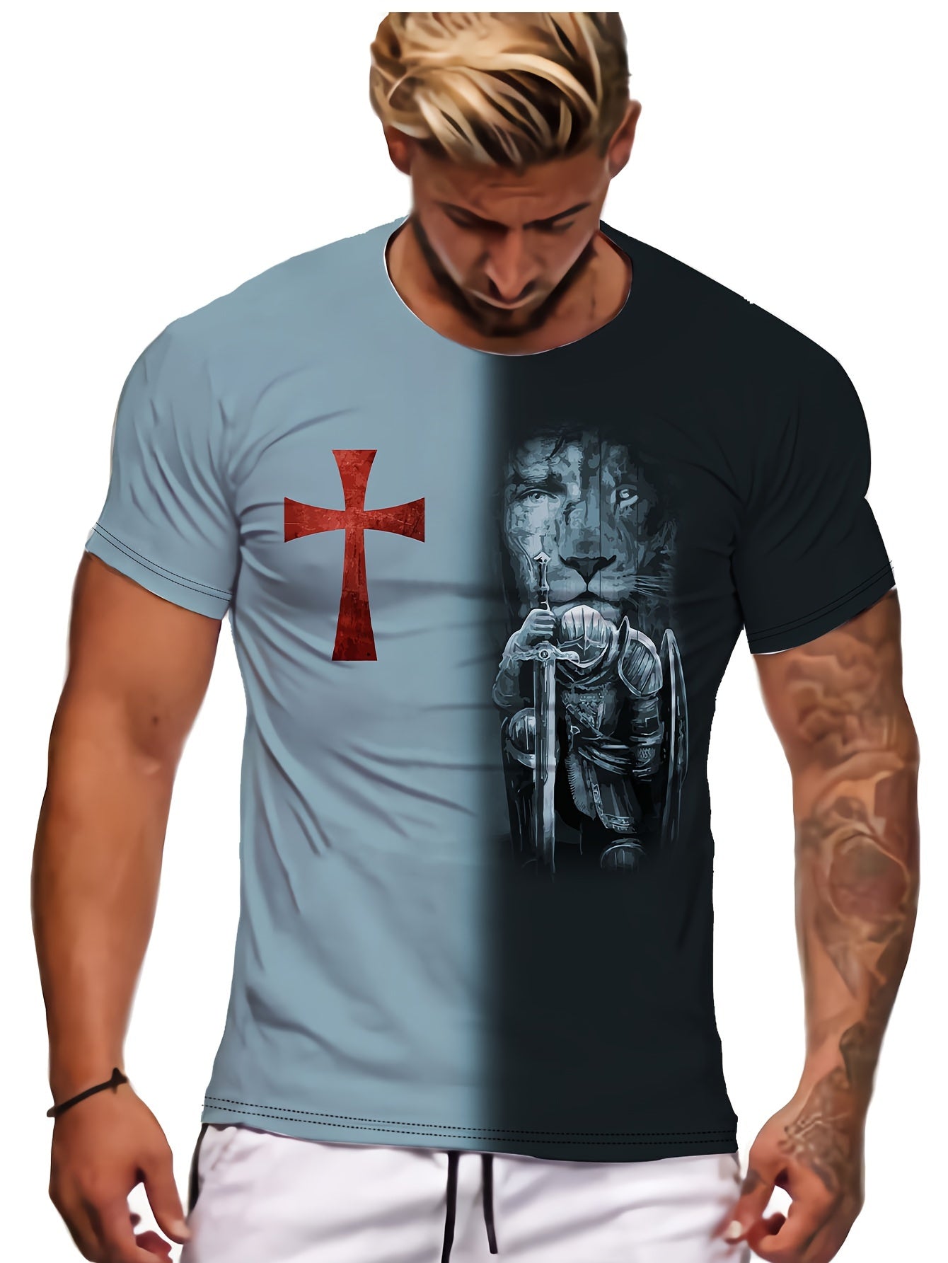 Men's Vintage Knight Pattern Sports T shirt Casual Tee Shirt For Summer