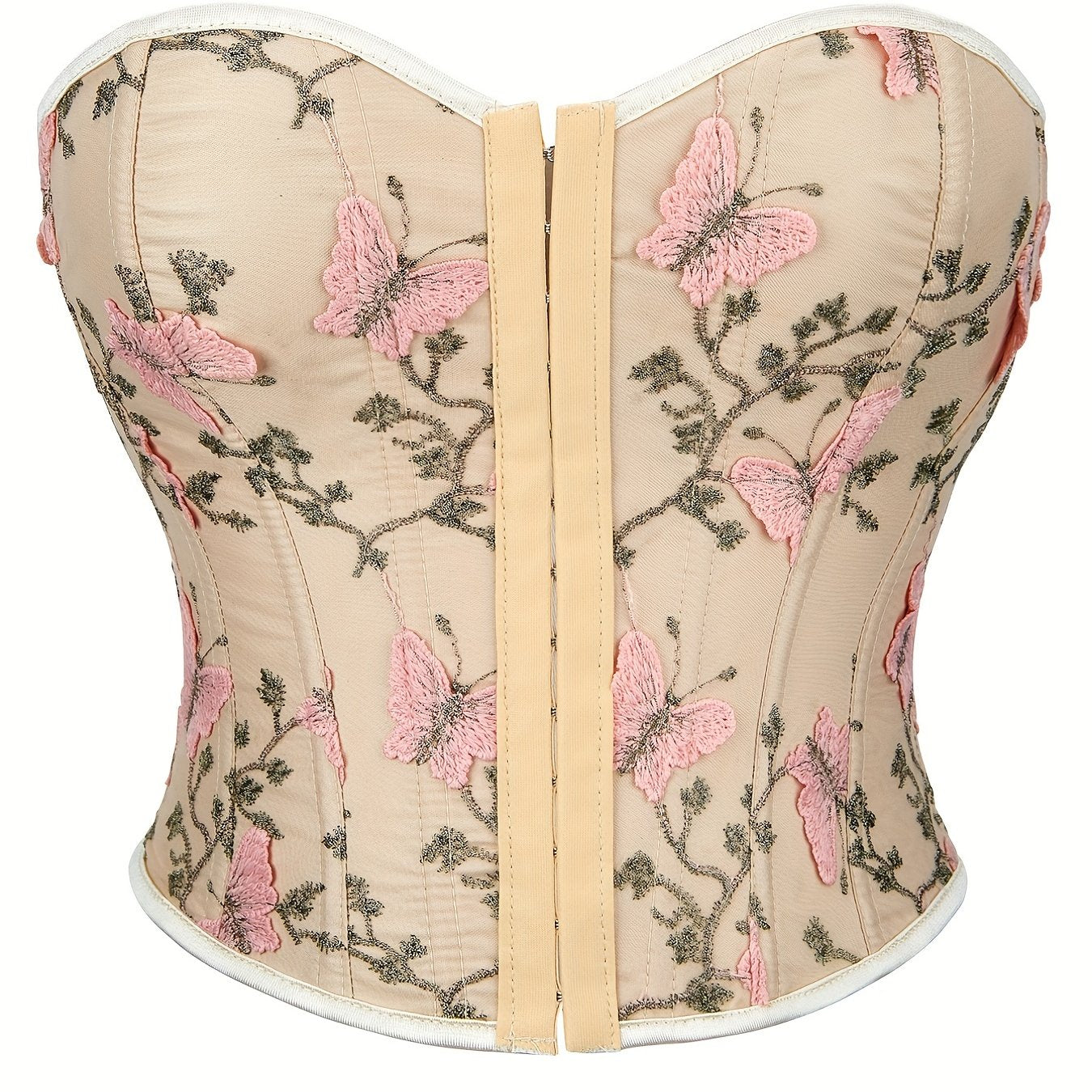 Butterfly Embroidery Strapless Corset Tummy Control Lace Up Push Up Body Shaper