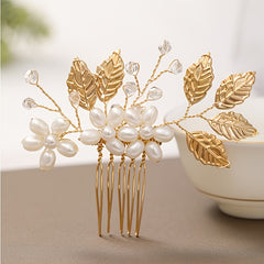 Golden Leaf Pearl Hair Pin Floral Wedding Hair Accessories
