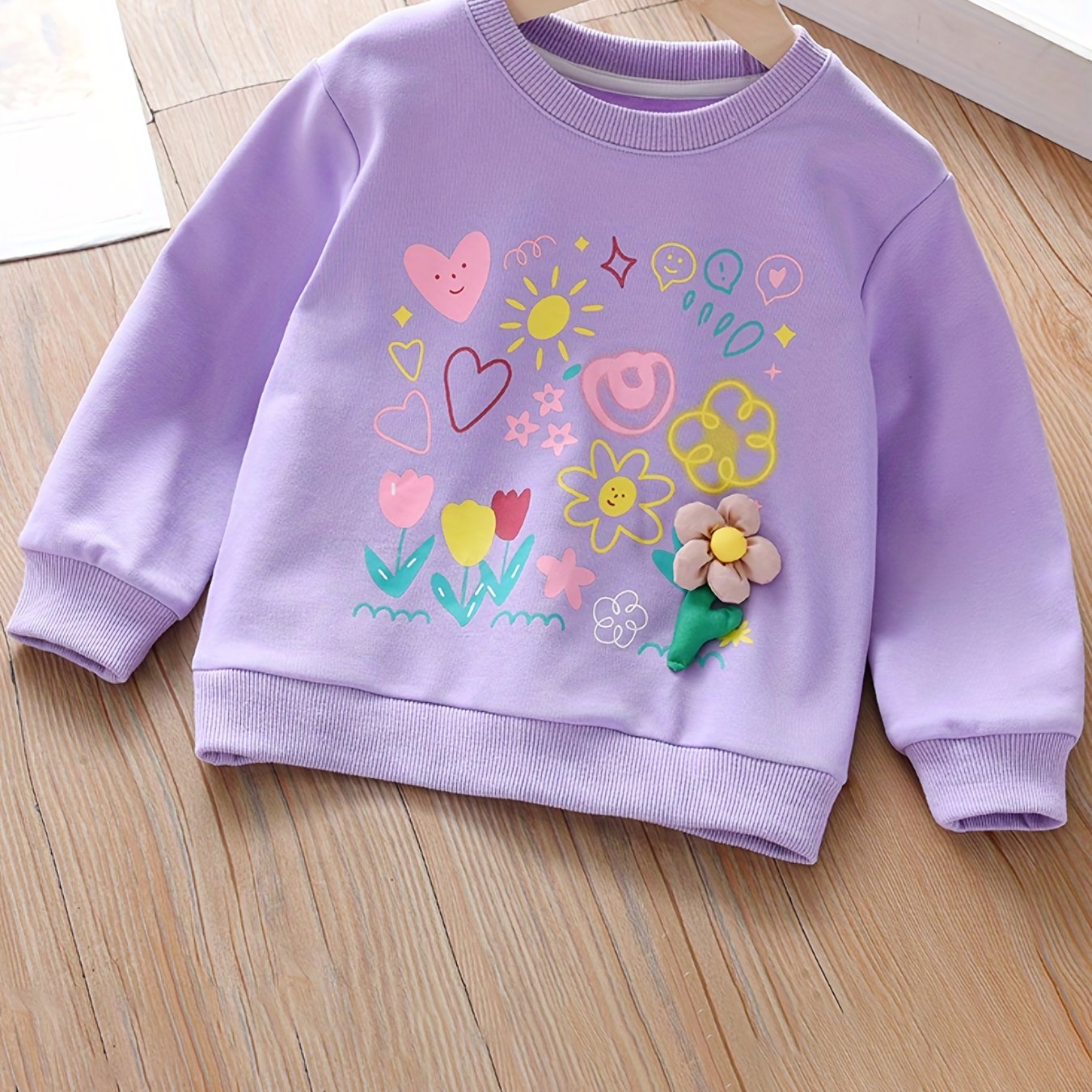 Girls' Cartoon Flower Sweatshirt Top Crew Neck Pullovers