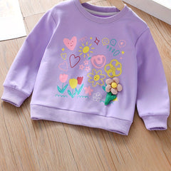 Girls' Cartoon Flower Sweatshirt Top Crew Neck Pullovers