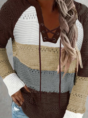 Casual Sweater Women's Plus Colorblock Hollow Out Hooded Jumper
