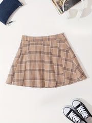 Plaid Side Zip Pleated Skirt Preppy Skirt For Spring & Summer Women's Clothing