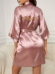 Embroidery Night Robe 3/4 Sleeve V Neck Robe Women's Sleepwear