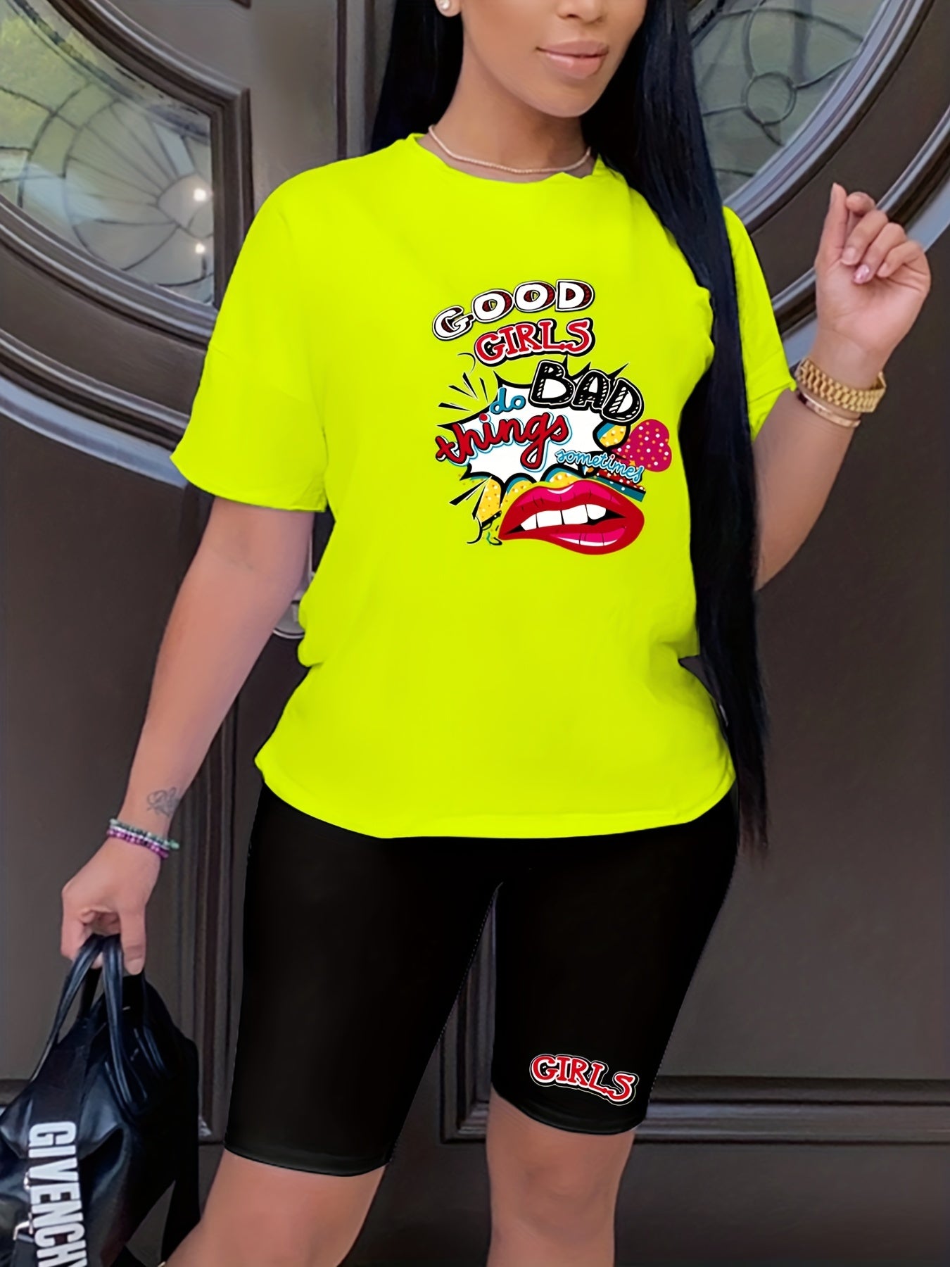 Graphic Print Two Piece Set Casual T shirt & Shorts Outfit
