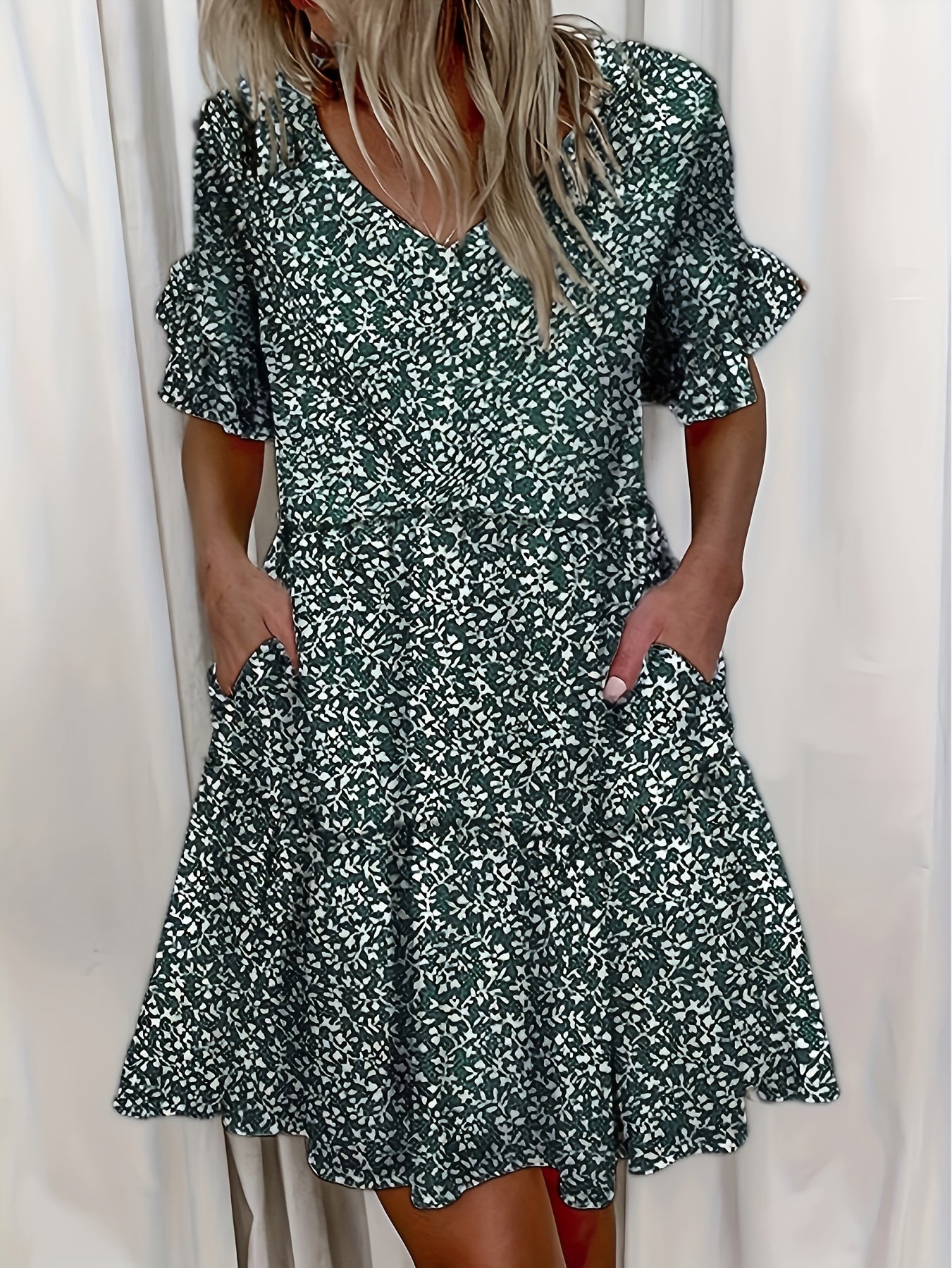Boho Dress Women's Plus Floral Print Ruffle Dress With Pockets