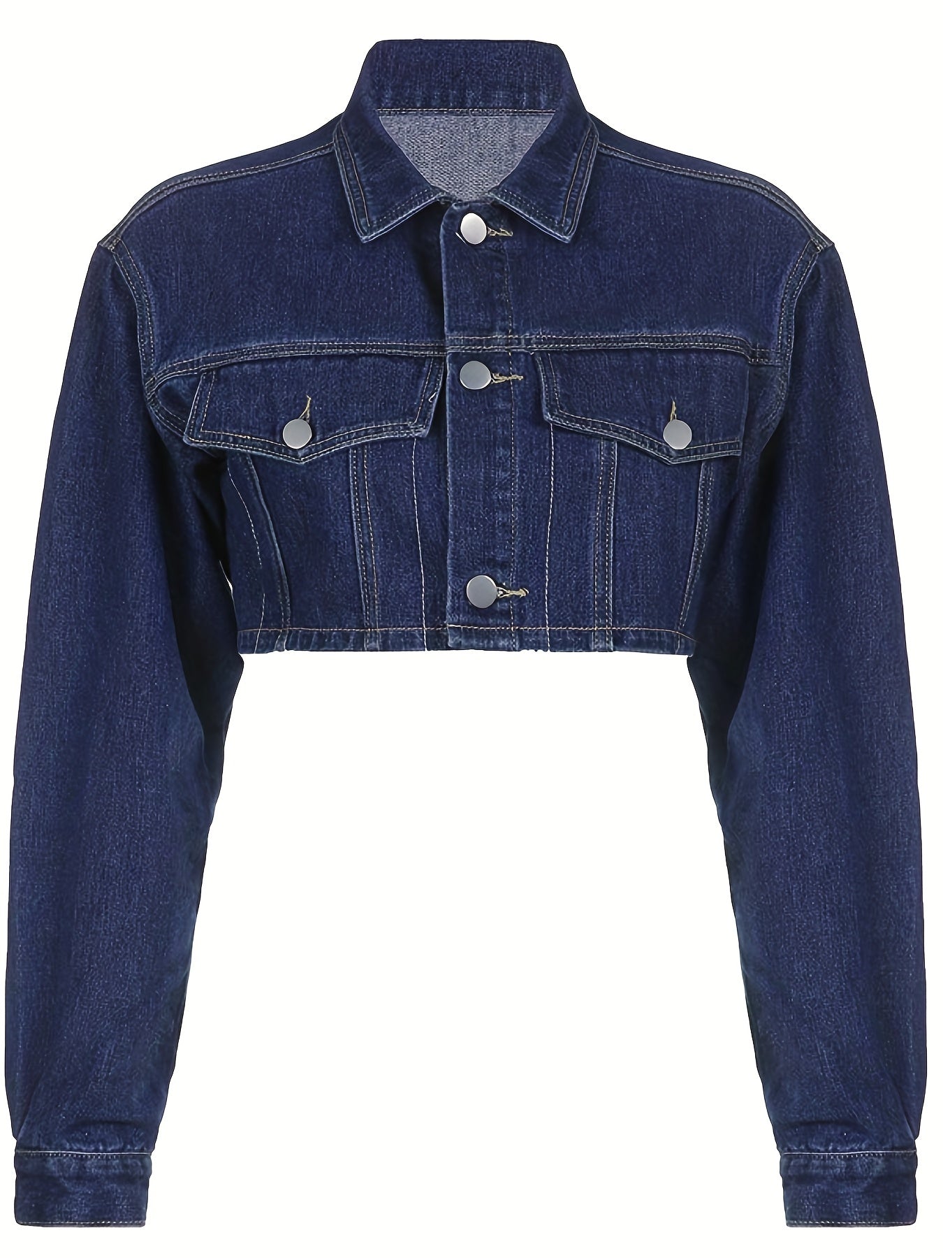 Long Sleeves Cropped Denim Jackets Flap Detail Non Stretch Lapel Coats