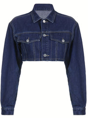 Long Sleeves Cropped Denim Jackets Flap Detail Non Stretch Lapel Coats