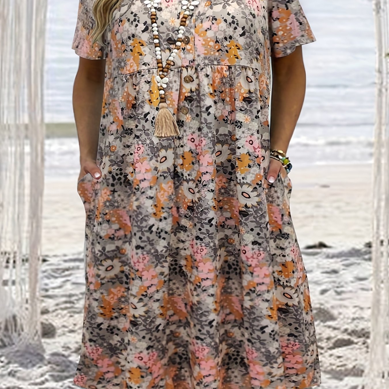 Floral Print Short Sleeve Round Neck Dress