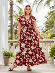 Boho Dress Women's Plus Floral Print Cap Sleeve Maxi Dress