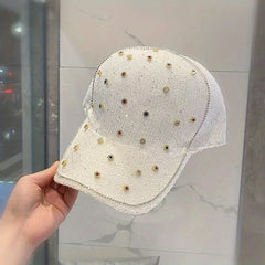 Rhinestone Decor Knitted Baseball Cap Sun Hat for Women