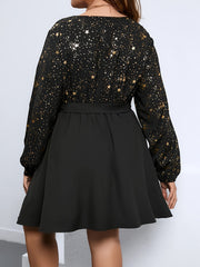 Star Print Long Sleeve V Neck Mini Dress With Belt