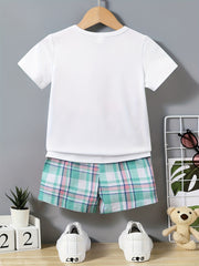 Boy's Bear Graphic Casual Outfit T-Shirt & Plaid Shorts Summer Clothes