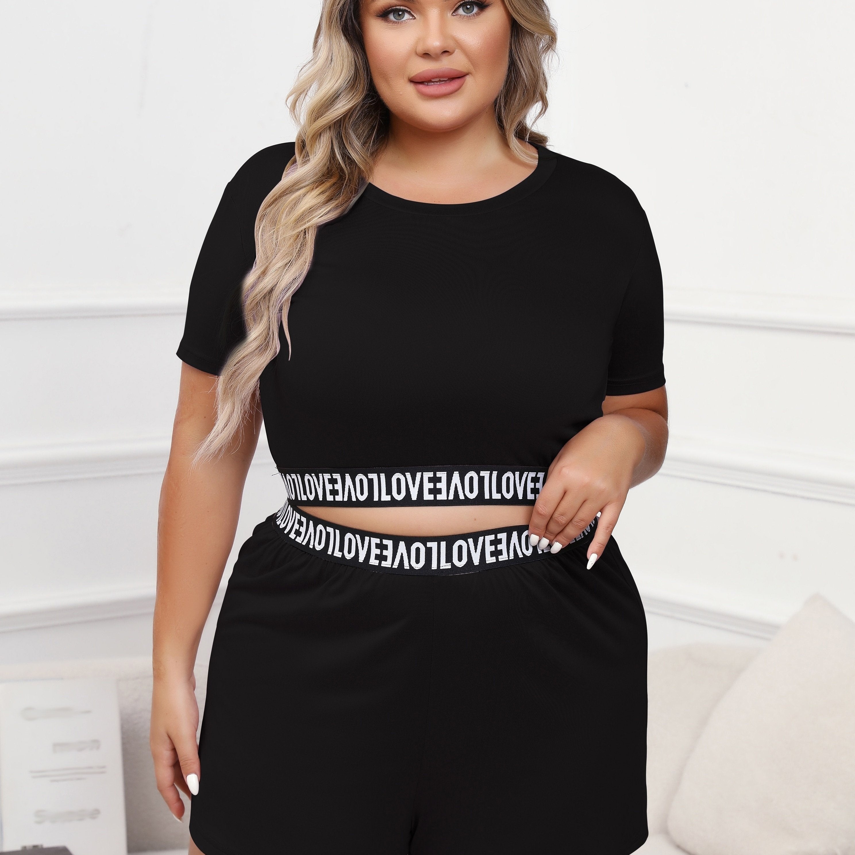 Casual Loungewear Set Solid Letter Tape Crop Top & Shorts