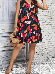 Print V Neck Ruffle Trim Tank Dress