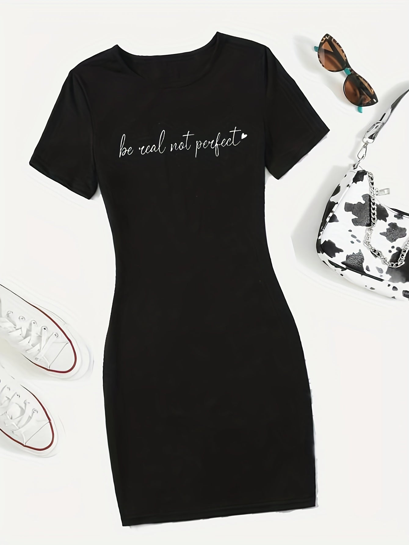Real Print Tee Dress Short Sleeve Casual Dress Women's Clothing