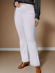 Plus Solid Button Fly High Rise Fringe Flared Jeans