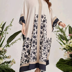 Floral Print Abaya Dress Women's Round Neck Batwing Sleeve