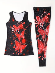 Butterfly Print Casual 2pc Set Tank Top & Slim Pants