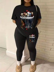 Cartoon Figure Print Two piece Set Casual Short Sleeve T shirt & Leggings
