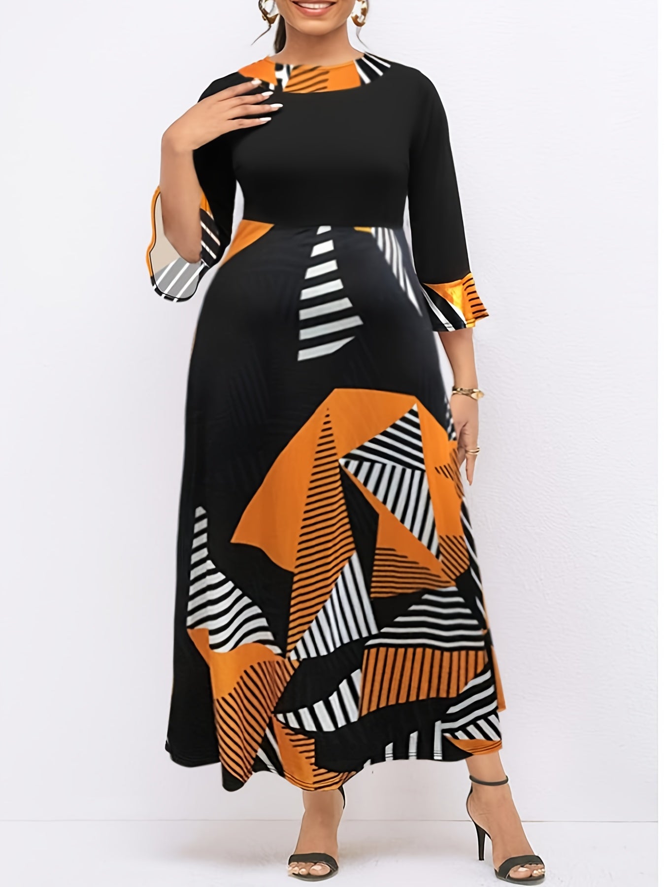 Colorblock Geometric Print Bell Sleeve Maxi Dress