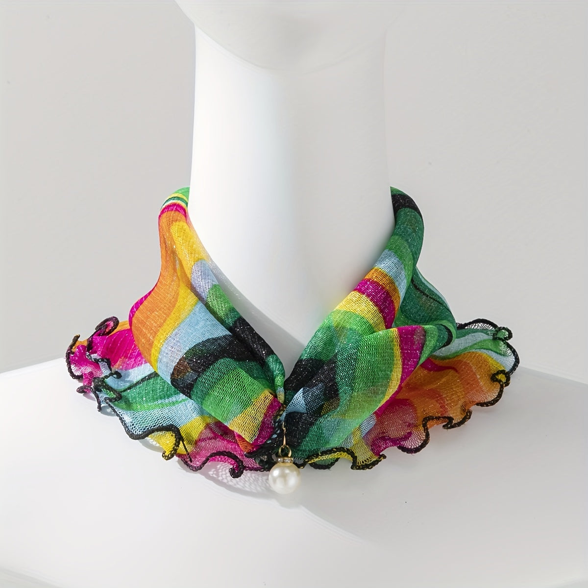 Colorful Striped Ruffle Scarf Neckerchief Faux Pearl Decor Headband